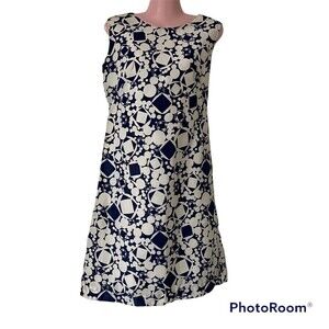 Vintage 60s Shift Dress Bust 36 Mod Abstract Klopman Whipped Cream Blue White